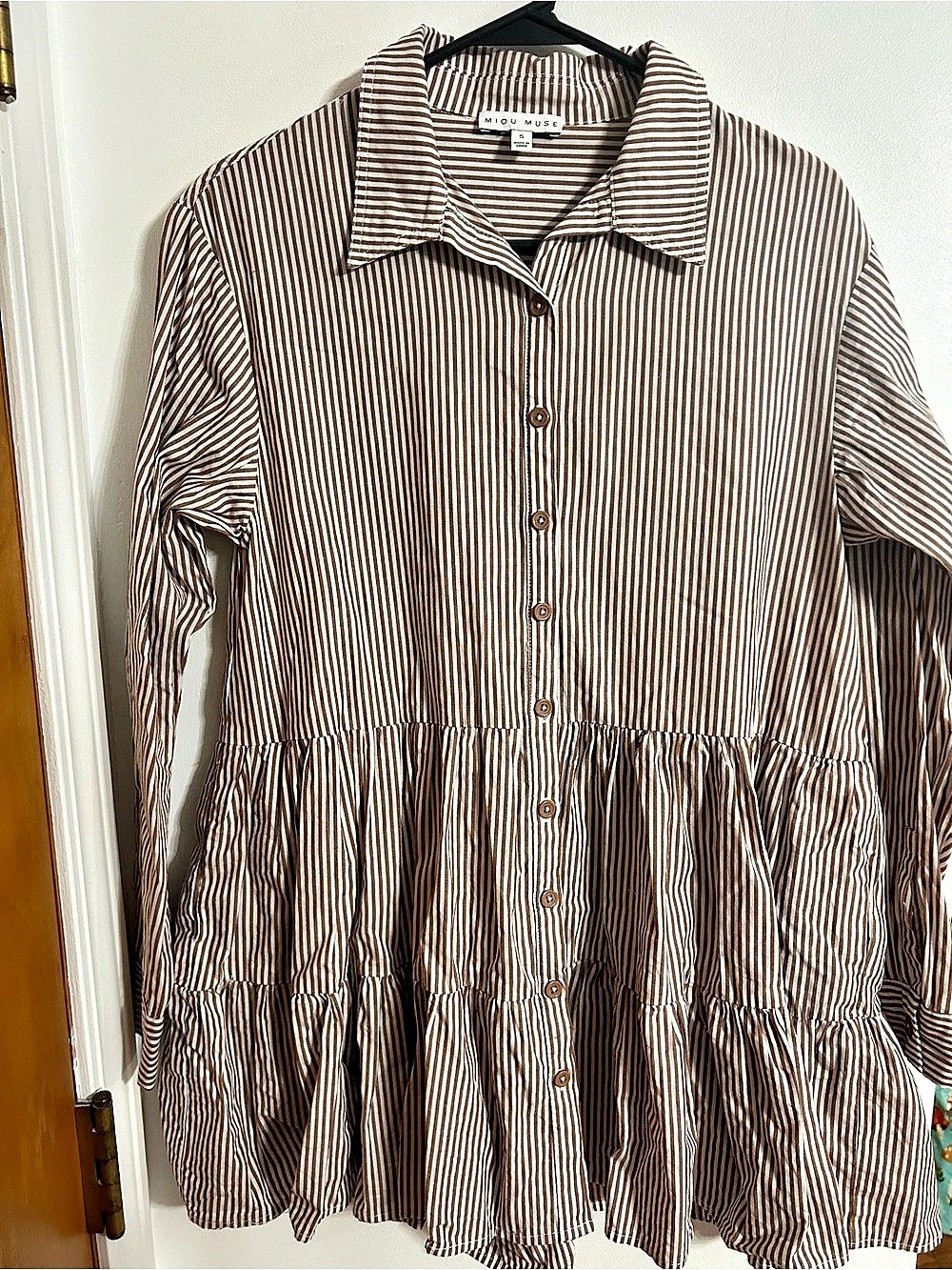MIOU MUSE Striped Tiered Mini Dress in Brown & White Size Small